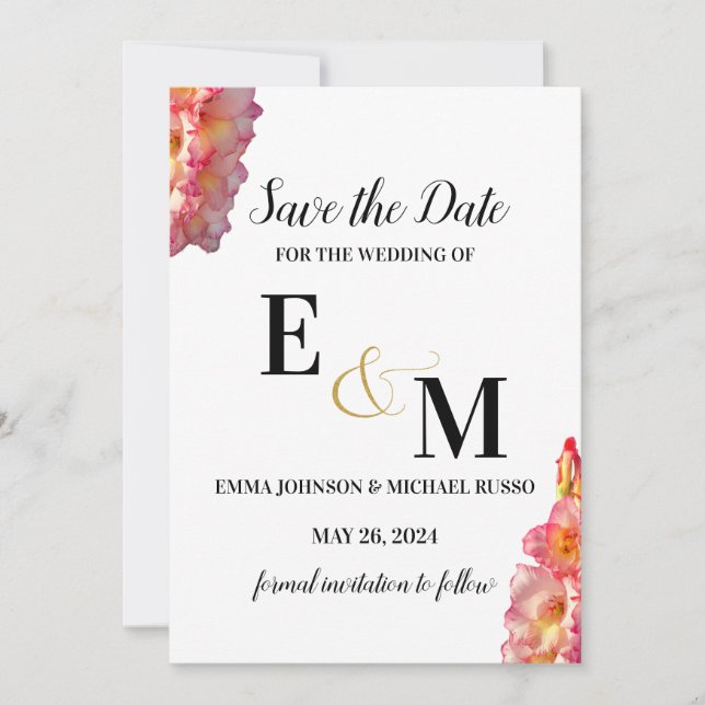 Abstract Simple Pink Gladiolus Letters Wedding  Save The Date (Front)