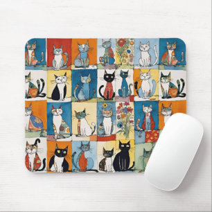 Abstract Sitting Cats Floral Patchwork Mouse Mat