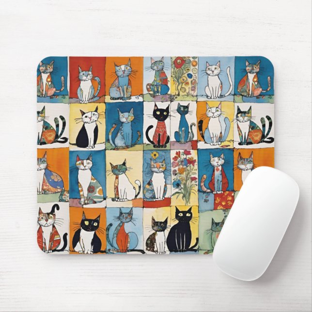 Abstract Sitting Cats Floral Patchwork Mouse Mat (With Mouse)