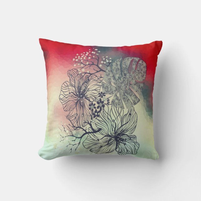 Abstract sketched flowers leaves floral gradient p cushion (Front)