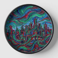 Abstract Skyline Silhouette Jewel Tone Art Clocks