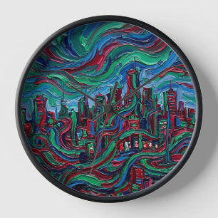 Abstract Skyline Silhouette Jewel Tone Art Clocks