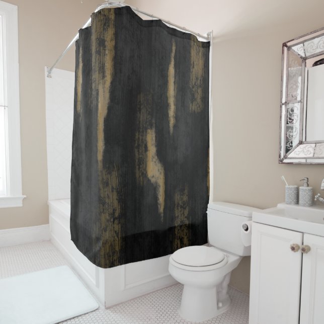 Abstract Soft Hues Deep Charcoal & Gold Shower Curtain (In Situ)