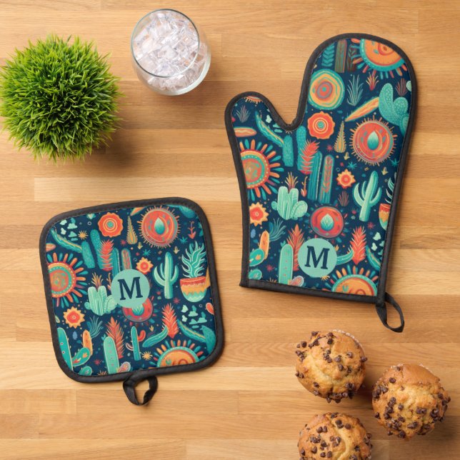Abstract Sonoran Desert Pattern Monogram Oven Mitt & Pot Holder Set (Top Down)