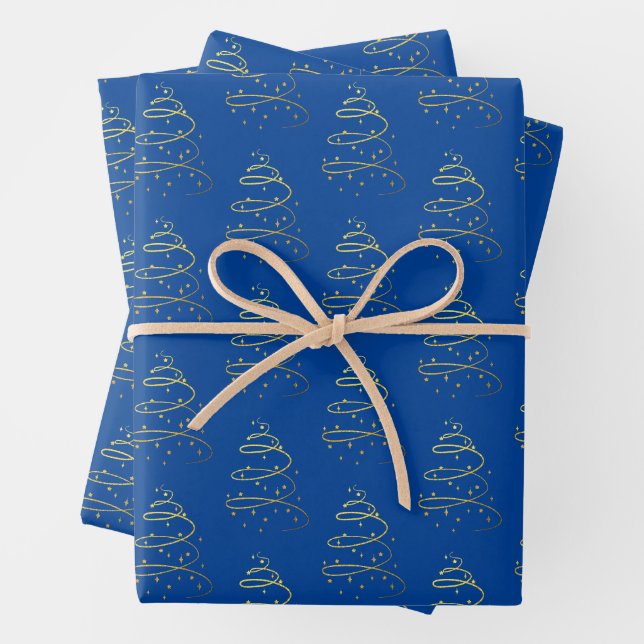 Abstract Sparkling Gold, Blue Christmas Tree Wrapping Paper Sheet (In situ)