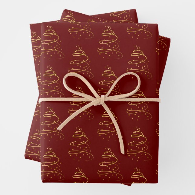Abstract Sparkling Gold, Burgundy Christmas Tree Wrapping Paper Sheet (In situ)