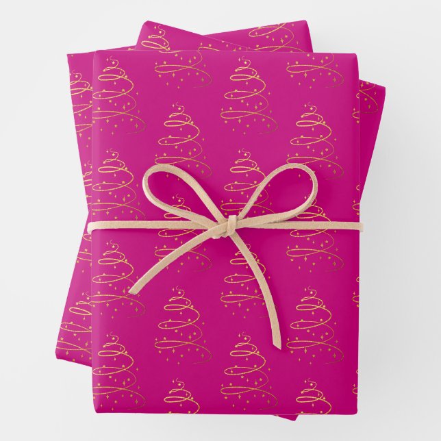 Abstract Sparkling Gold, Magenta Christmas Tree Wrapping Paper Sheet (In situ)