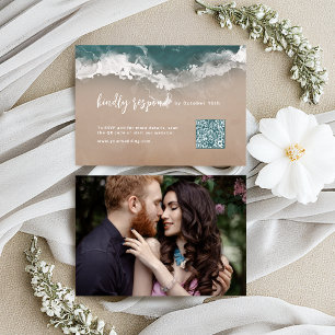 Abstract sparkling moody ocean beach QR code  RSVP Card