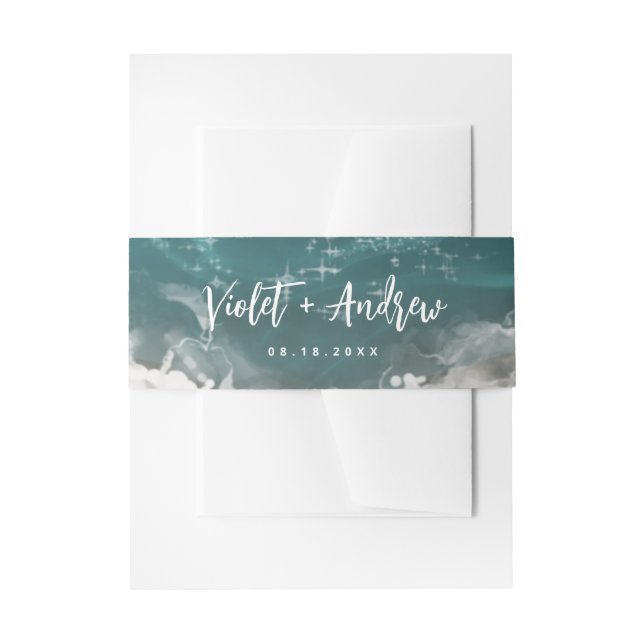 Abstract sparkling moody ocean beach wedding invitation belly band (Front Example)