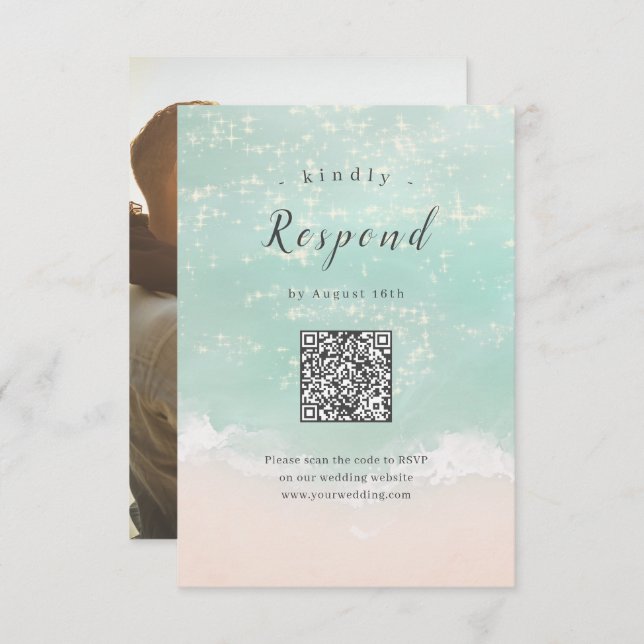 Abstract sparkling ocean beach wedding QR code RSVP Card (Front/Back)