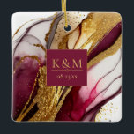 Abstract Sparkling Wedding Wine Red ID1018 Ceramic Ornament<br><div class="desc">This elegant ensemble in stunning wine-red tones sets a refined tone for your wedding, tantalising your guests with a glimpse of the opulent celebration that awaits. Enhanced further with the lavish sparkle of gold glitter accents, the coordinating ornament design shown here provides a template to easily add your initials and...</div>