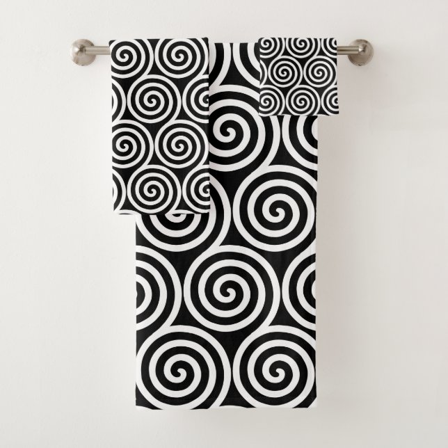 Abstract Spiral Circles in Black & White Bath Towel Set (Insitu)
