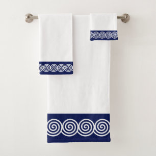 Abstract Spiral Circles in Navy Blue & White Bath  Towel Set