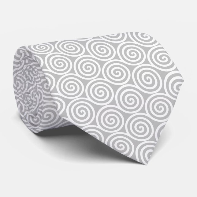 Abstract Spiral Circles in Silver Grey & White Tie (Rolled)