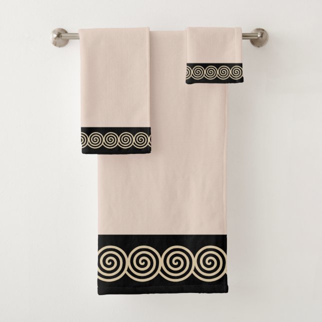 Abstract Spiral Circles on Black & Beige Bath Towe Bath Towel Set (Insitu)