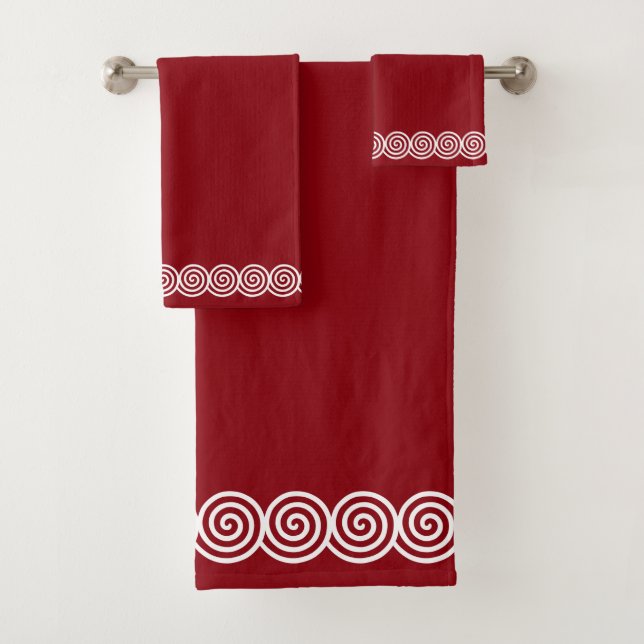 Abstract Spiral Circles on Burgundy Bath Towel Set (Insitu)