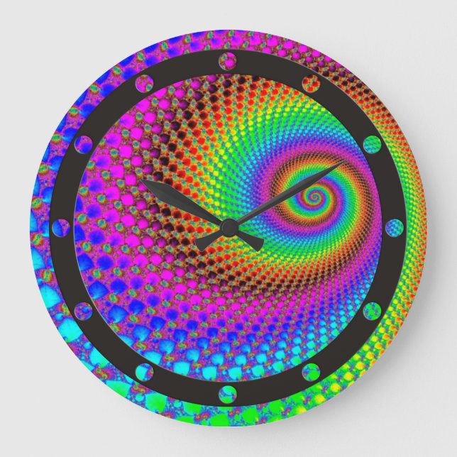 Abstract Spiral Fractal - neon coloured Large Clock (Front)