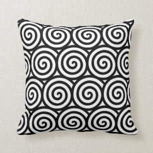 Abstract Spiral Geometric Pattern in Black & White Cushion