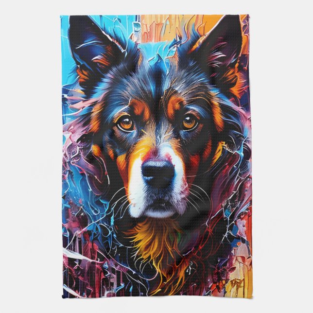 Abstract splash colour dog  tea towel (Vertical)