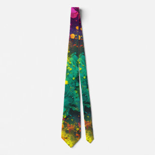 Abstract Splatter Paint Rainbow, Cosmic Galaxy art Tie