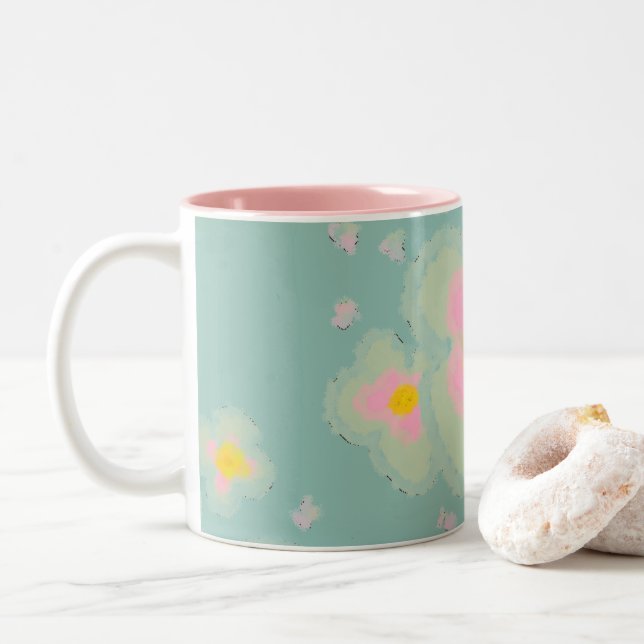 Abstract Spring Flower Pink and Teal Two-Tone Coffee Mug (With Donut)