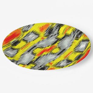 Abstract squares formed from scratches over yellow paper plate