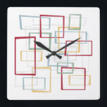 Abstract Squares Mid Century Red Blue Green Yellow Square Wall Clock<br><div class="desc">This funky mid-century modern clock features dark red,  light blue,  soft green,  and yellow abstract squares and rectangles. It's highlighted by thin black abstract squares and rectangles. Add a pop of retro fun to your home decor!</div>