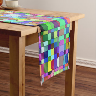 Abstract Squares Shapes Multicolor Pattern Short Table Runner