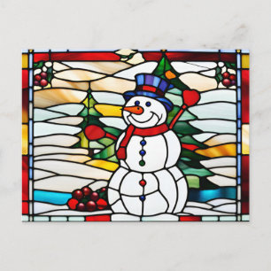 Abstract Stained Glass Christmas Snowman Holiday Postcard