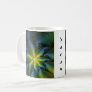 Abstract Star, Blue Green Golden Fractal Art Name Coffee Mug