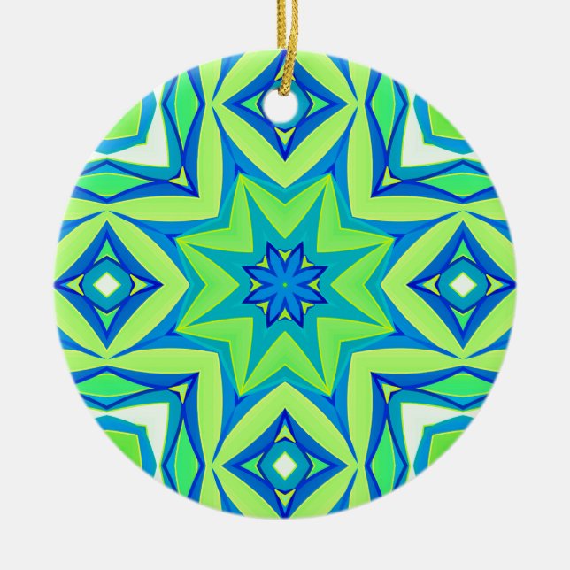 Abstract Star Geometric - Lime Green and Blue   Ceramic Tree Decoration (Front)