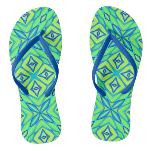Abstract Star Geometric - Lime Green and Blue   Flip Flops