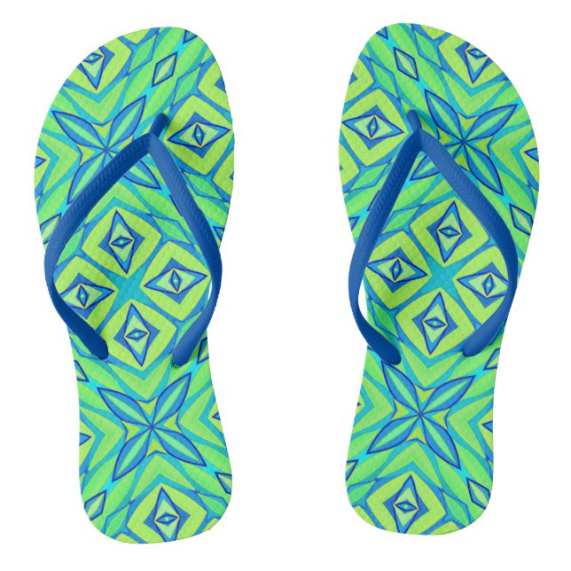 Abstract Star Geometric - Lime Green and Blue   Flip Flops (Footbed)