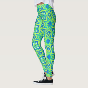 Abstract Star Geometric - Lime Green and Blue   Leggings