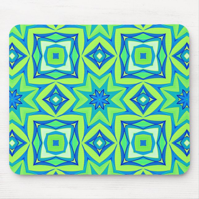 Abstract Star Geometric - Lime Green and Blue Mouse Mat (Front)
