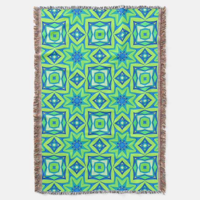 Abstract Star Geometric - Lime Green and Blue   Throw Blanket (Front Vertical)