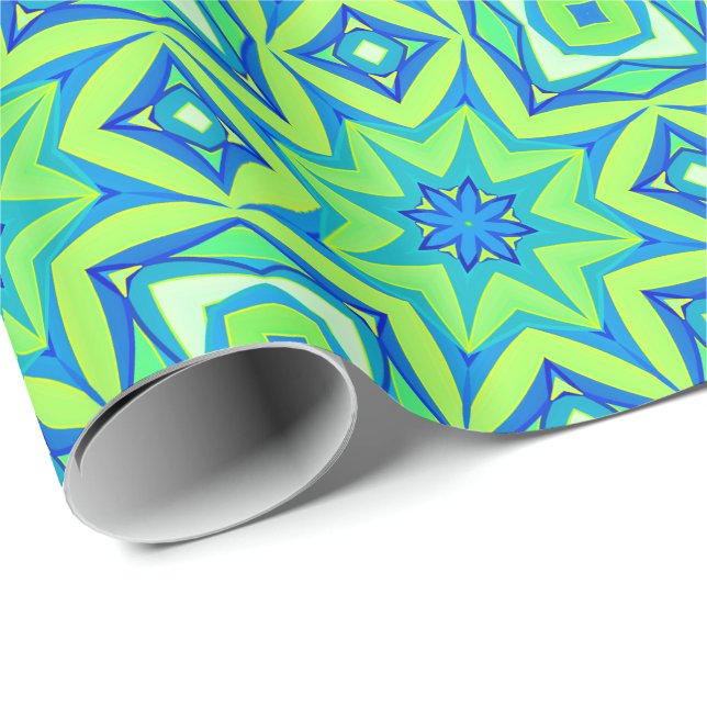 Abstract Star Geometric - Lime Green and Blue Wrapping Paper (Roll Corner)