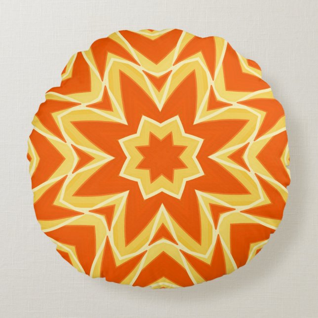 Abstract Star Geometric - Orange and Gold  Round Cushion (Front)