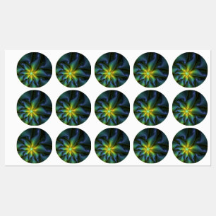 Abstract Star, Shiny Blue Green Golden Fractal Art