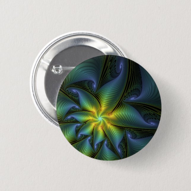 Abstract Star, Shiny Blue Green Golden Fractal Art 6 Cm Round Badge (Front & Back)