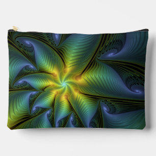 Abstract Star, Shiny Blue Green Golden Fractal Art Accessory Pouch