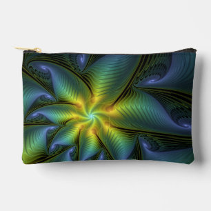 Abstract Star, Shiny Blue Green Golden Fractal Art Accessory Pouch
