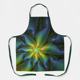 Abstract Star, Shiny Blue Green Golden Fractal Art Apron