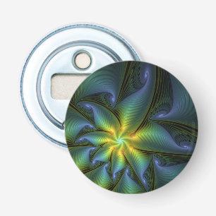 Abstract Star, Shiny Blue Green Golden Fractal Art Bottle Opener