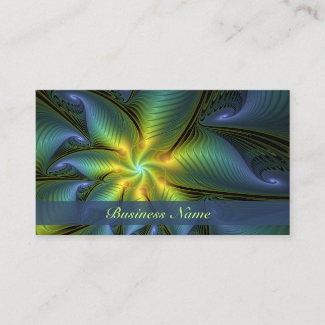 Abstract Star, Shiny Blue Green Golden Fractal Art Business Card (Front)