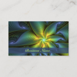 Abstract Star, Shiny Blue Green Golden Fractal Art Business Card