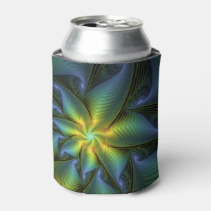 Abstract Star, Shiny Blue Green Golden Fractal Art Can Cooler