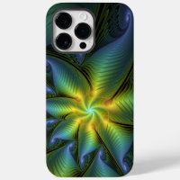 Abstract Star, Shiny Blue Green Golden Fractal Art