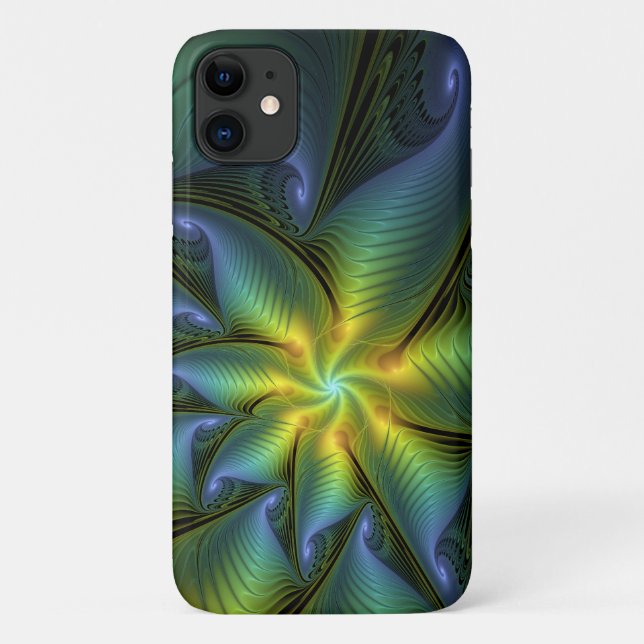 Abstract Star, Shiny Blue Green Golden Fractal Art Case-Mate iPhone Case (Back)