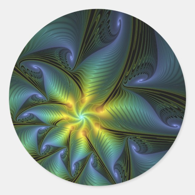 Abstract Star, Shiny Blue Green Golden Fractal Art Classic Round Sticker (Front)